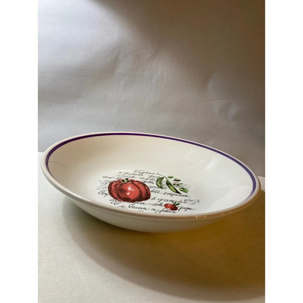 Italian Vegetable Ceramic Pasta Serving Bowl Red Pepper Purple Rim 13 Inch